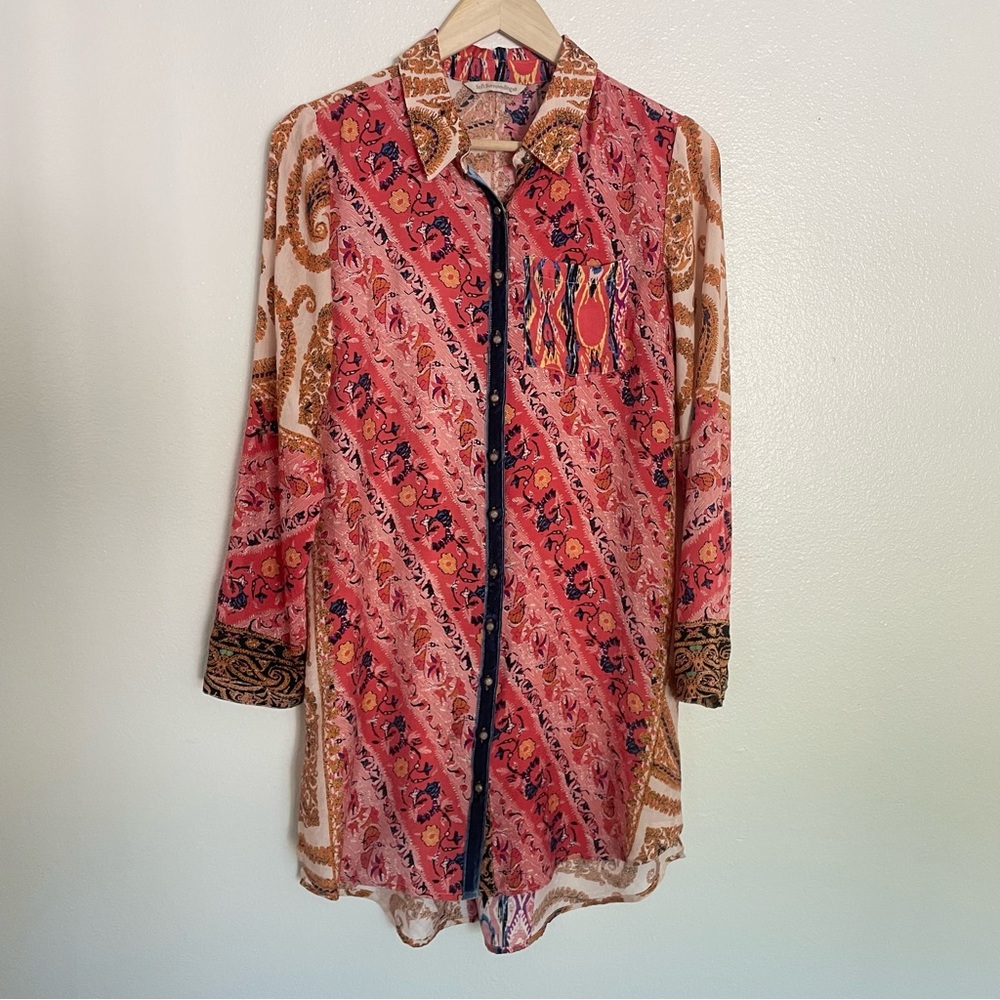 Soft Surroundings Brynn Paisley Flowy Tunic Blouse XS Silk Velvet Boho Vacation